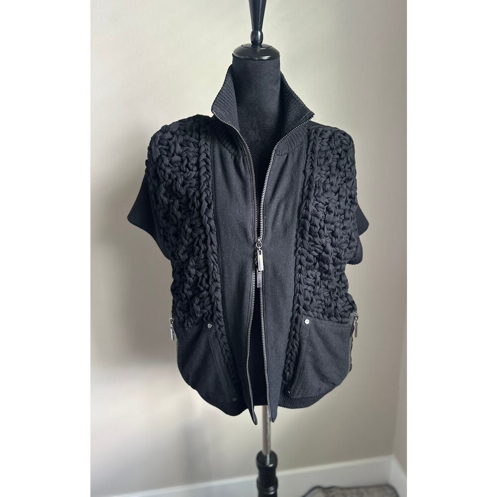 TORY BURCH Black Soaring Macrame Short Sleeve Zipper Sweater Size L